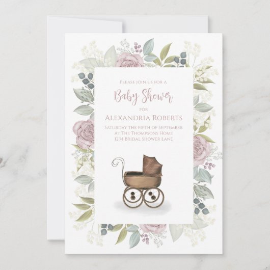 Waterverf Floral Baby Pink Carriage Gift Registry Kaart (Voorkant)