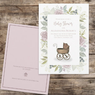 Waterverf Floral Baby Pink Carriage Gift Registry Kaart