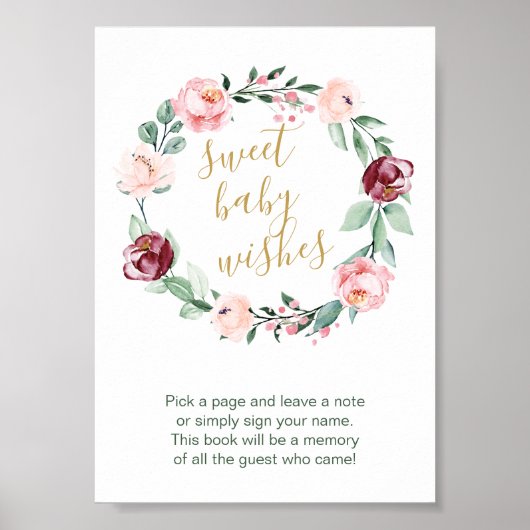 Waterverf Floral Baby shower Guest Book Sign Poster (Voorkant)