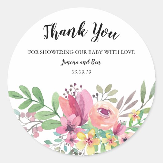 Waterverf Floral Baby shower Hartelijk dank Ronde Sticker (Voorkant)