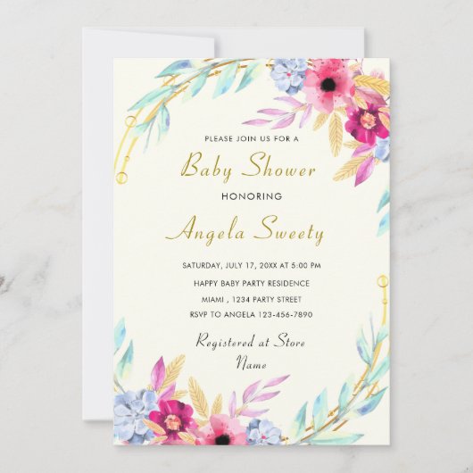 Waterverf Floral Baby shower Invitation voorbeeld (Voorkant)