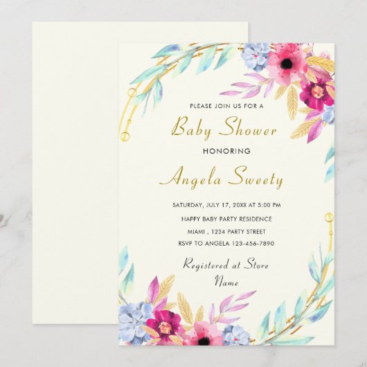 Waterverf Floral Baby shower Invitation voorbeeld (Voorkant / Achterkant)