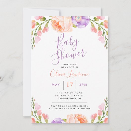 Waterverf Floral Baby shower Kaart (Voorkant)