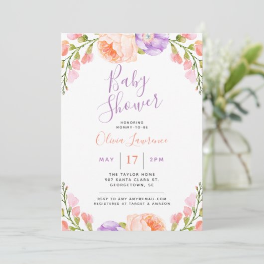 Waterverf Floral Baby shower Kaart (Staand voorkant)