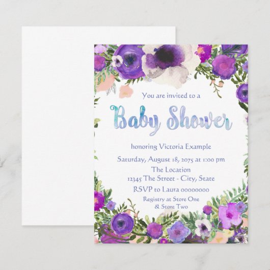 Waterverf Floral Baby shower Kaart (Voorkant / Achterkant)