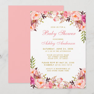 Waterverf Floral Baby shower Roze en goud Kaart
