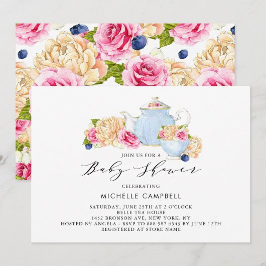Waterverf Floral Baby shower Tea Party Invitation Kaart (Voorkant / Achterkant)