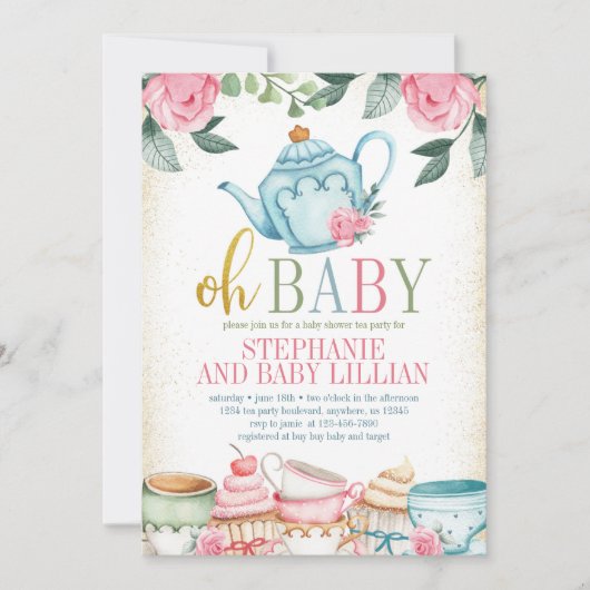 Waterverf Floral Baby shower Tea Party Kaart (Voorkant)