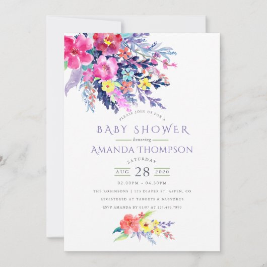Waterverf Floral Baby shower Uitnodiging (Voorkant)