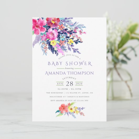 Waterverf Floral Baby shower Uitnodiging (Staand voorkant)
