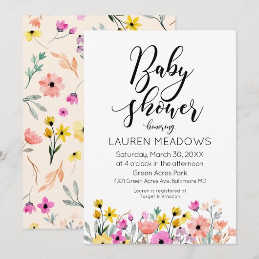 Waterverf Floral Baby shower Uitnodiging voorjaar (Voorkant / Achterkant)