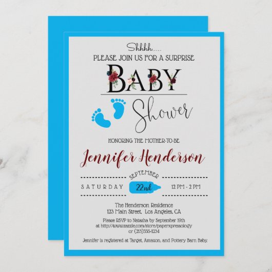 Waterverf Floral Baby shower voor Jongen Uitnodigi Kaart (Voorkant / Achterkant)