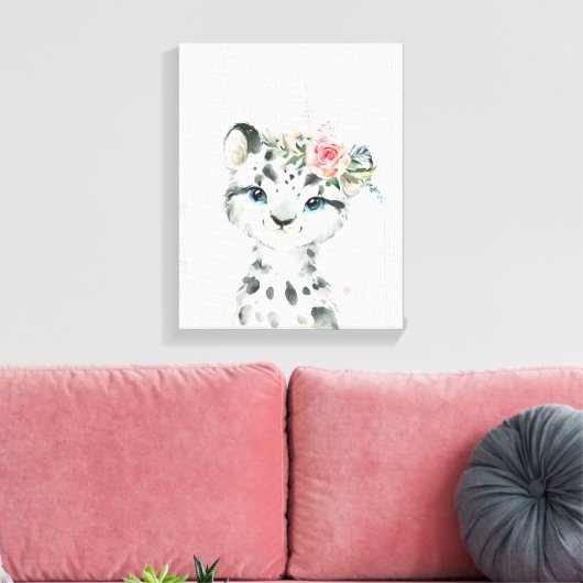 Waterverf Floral Baby Snow Leopard Canvas Afdruk (Insitu (Woonkamer))