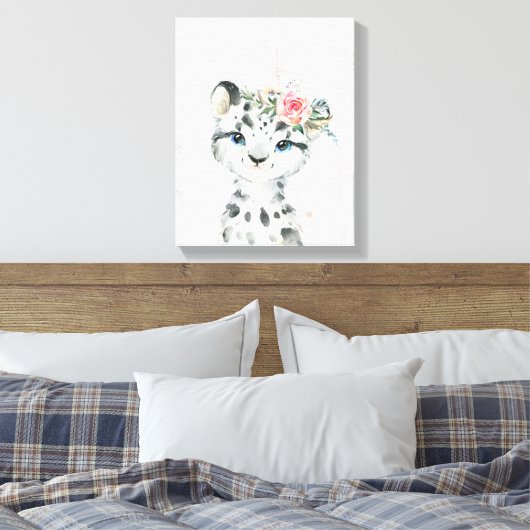 Waterverf Floral Baby Snow Leopard Canvas Afdruk (Insitu (Slaapkamer))