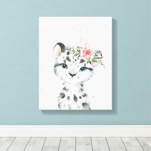Waterverf Floral Baby Snow Leopard Canvas Afdruk (Insitu (Houten vloer))