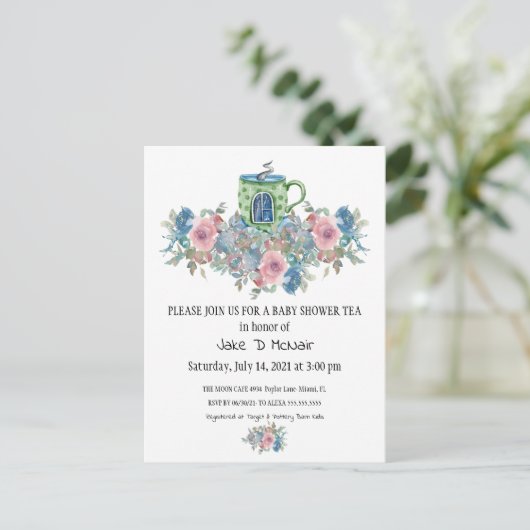 Waterverf Floral Baby Tea Party Invitation Briefkaart (Staand voorkant)