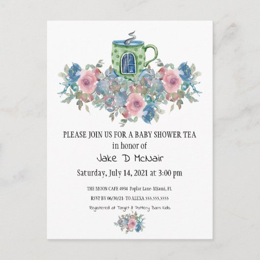 Waterverf Floral Baby Tea Party Invitation Briefkaart (Voorkant)