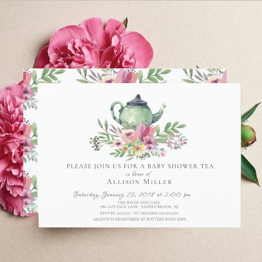 Waterverf Floral Baby Tea Party Invitation Kaart