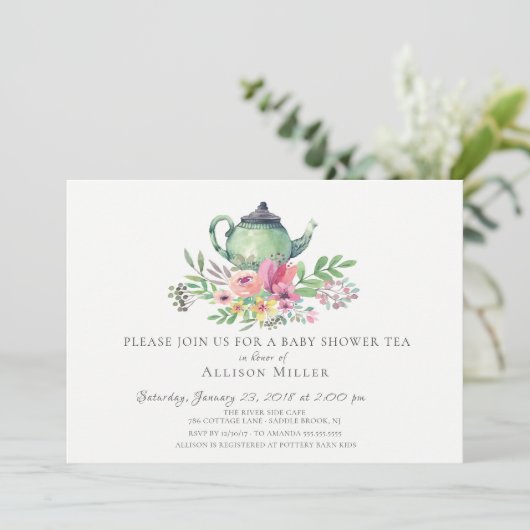Waterverf Floral Baby Tea Party Invitation Kaart (Staand voorkant)