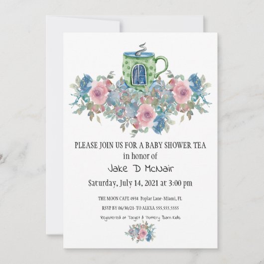Waterverf Floral Baby Tea Party Invitation Kaart (Voorkant)