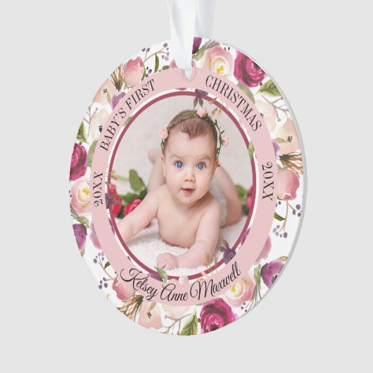 Waterverf Floral Baby's eerste kerstfoto Orn Ornament (voorkant)