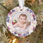 Waterverf Floral Baby's eerste kerstfoto Ornament<br><div class="desc">Een prachtige waterverf met een wazige roze, bruine en donkere lavendel om de paarse florale mond rond de foto van uw dierbare baby in het midden, omgeven door een donkere lavender binnenring en een wazige roze buitencirkelring en de tekst "Baby's First Kerstmis". Voeg gewoon de naam van je baby onderaan...</div>