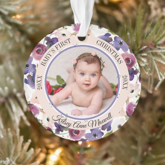 Waterverf Floral Baby's eerste kerstfoto Ornament (Boom)