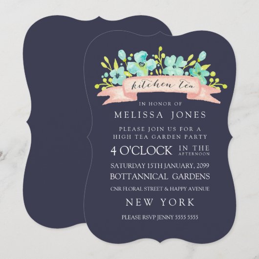 Waterverf Floral Banner Kitchen Tea Invite Kaart (Voorkant / Achterkant)