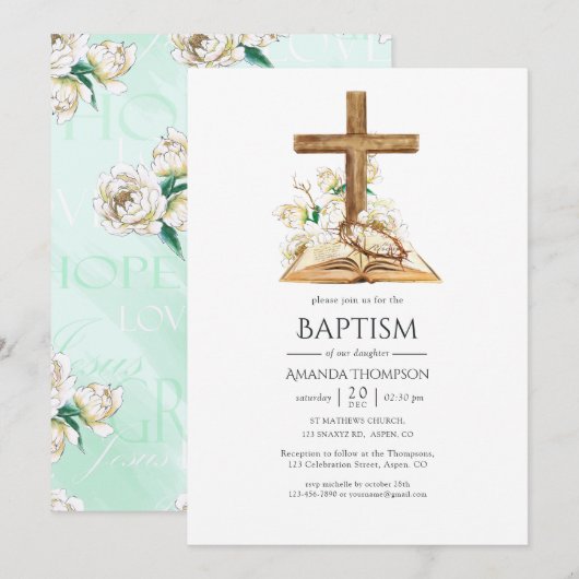 Waterverf Floral Baptism/Christening/Dedicatie Kaart (Voorkant / Achterkant)
