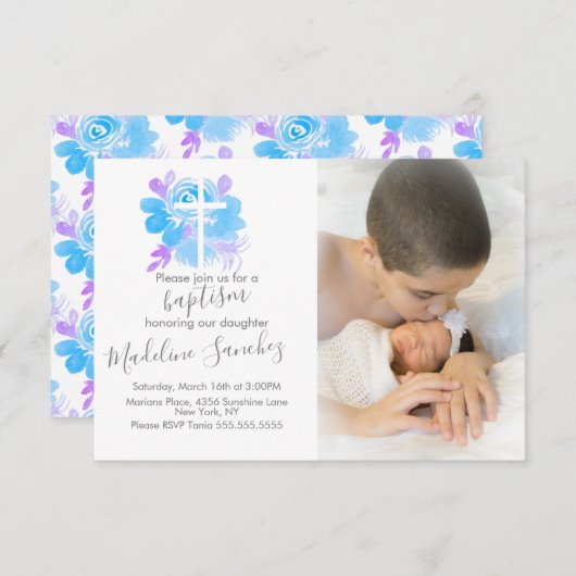 Waterverf Floral Baptism Cross Baby Dedication Kaart (Voorkant / Achterkant)
