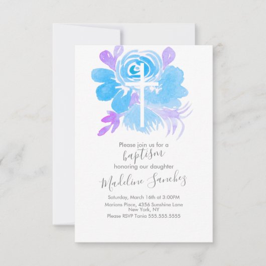 Waterverf Floral Baptism Cross Blue Kaart (Voorkant)