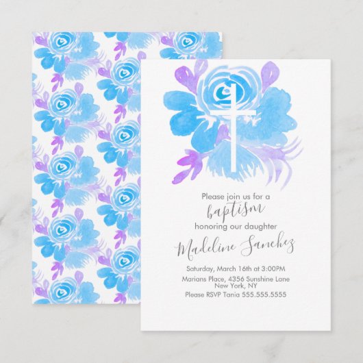 Waterverf Floral Baptism Cross Blue Kaart (Voorkant / Achterkant)