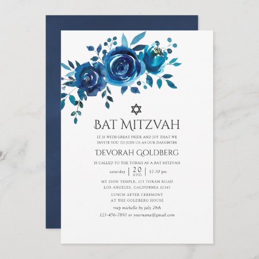 Waterverf Floral Bat Mitzvah Kaart (Voorkant / Achterkant)