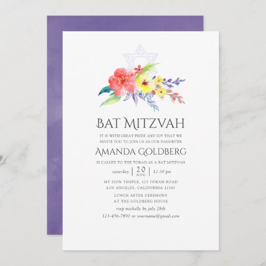 Waterverf Floral Bat Mitzvah Kaart (Voorkant / Achterkant)