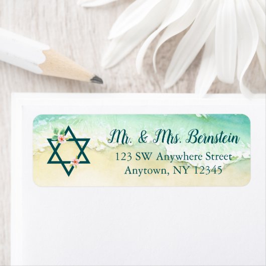 Waterverf Floral Beach Bat Mitzvah Retouradres Etiket (Insitu)
