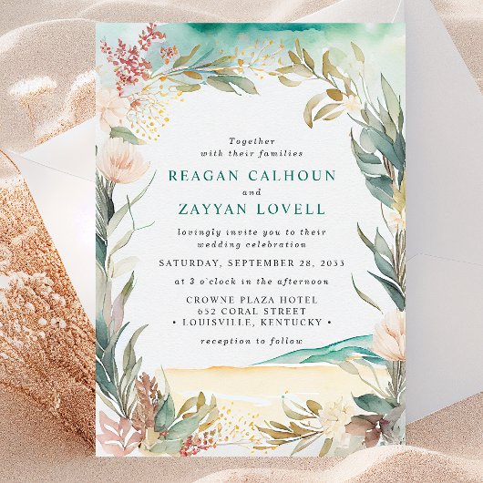 Waterverf Floral Beach Grass Wedding Invitation Kaart