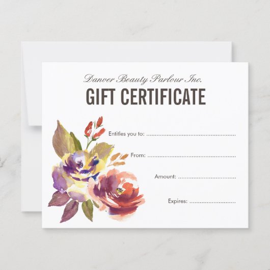 Waterverf Floral Beauty Salon Gift Certificate (Voorkant)