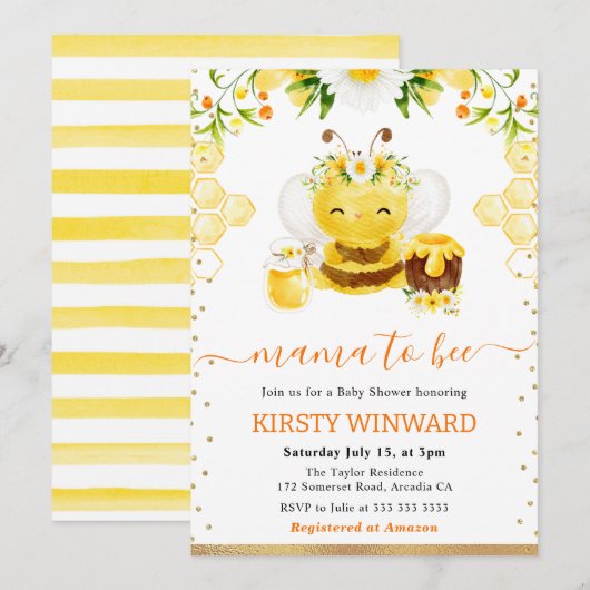 Waterverf Floral Bee Baby shower Kaart (Voorkant / Achterkant)