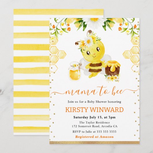 Waterverf Floral Bee Baby shower Kaart (Voorkant / Achterkant)