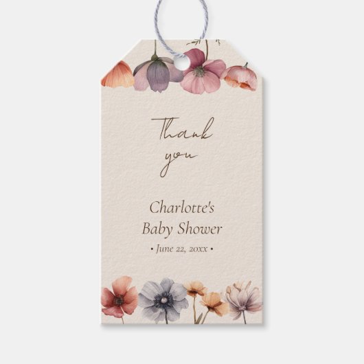 Waterverf Floral Beige Baby shower Dank u Cadeaulabel (Voorkant)