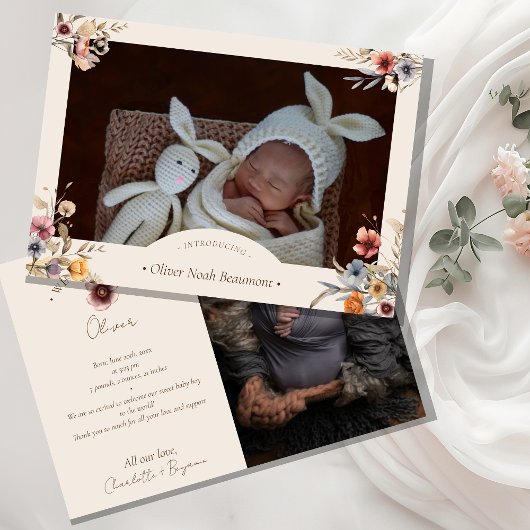 Waterverf Floral Beige Twee Foto Geboorte Aankondiging