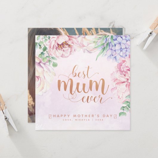 Waterverf Floral Best Mum Ever Photo Card Kaart (Voorkant / Achterkant in situ)