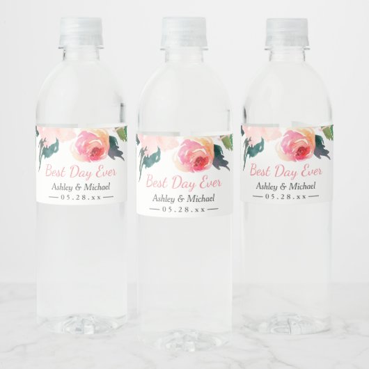 Waterverf Floral Beste Dag Ooit Bruiloft Waterfles Etiket (Flessen)
