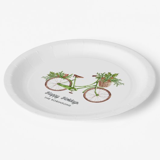 Waterverf Floral Bicycle kerstfeest Papieren Bordje (Gekanteld)