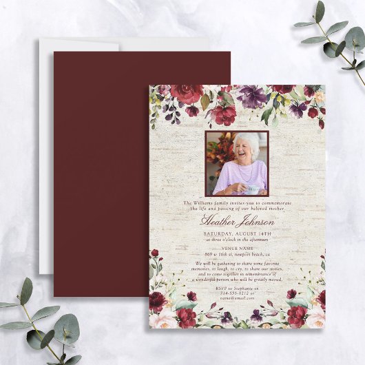 Waterverf Floral Birch Memorial Rustic Burgundy Kaart