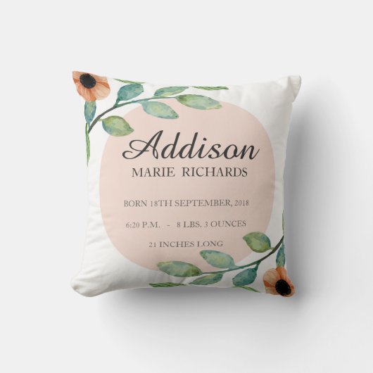 Waterverf Floral Birth Stats Announounge Pillow Kussen (Voorkant)