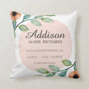 Waterverf Floral Birth Stats Announounge Pillow Kussen