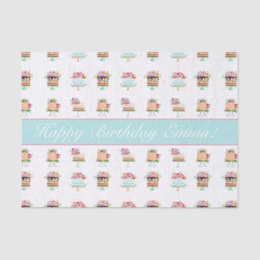 Waterverf Floral Birthday Cakes personaliseren Tissuepapier (Voorkant)