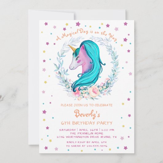 Waterverf Floral Birthday Magical Unicorn Kaart (Voorkant)