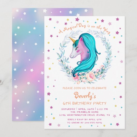 Waterverf Floral Birthday Magical Unicorn Kaart (Voorkant / Achterkant)